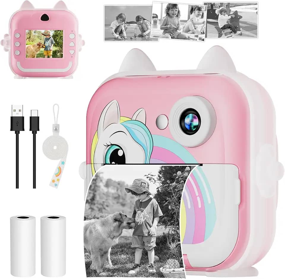Câmera Fotográfica Infantil, Câmera Digital Infantil que Imprime 20MP 1080P, Tela 2,4", Zoom 6X, Impressão Térmica 200 dpi, Vídeo, Time Lapse, Jogos, Portátil com Papel de Impressão – Rosa
