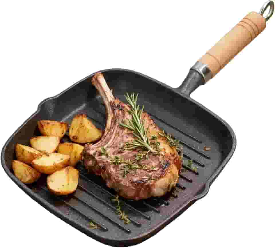 Frigideira quadrada de ferro fundido com bicos e cabo de madeira, grelha interna perfeita para bifes, hambúrgueres, vegetais – Funciona em fogões a gás e indução, superfície naturalmente antiaderente