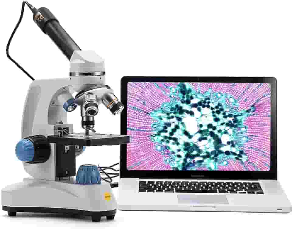 Microscópio SW150, Microscópio composto para estudantes, 40X-1000X, cabeça monocular, focagem grossa e fina, iluminação dupla, sem fio compatível com câmera de óculos e software Windows e Mac