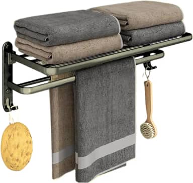 Toalheiro de Parede em Alumínio com Parafusos – Duplo, Dobrável e com Ganchos | Suporte para Toalhas Durável e Resistente, Ideal para Banheiro