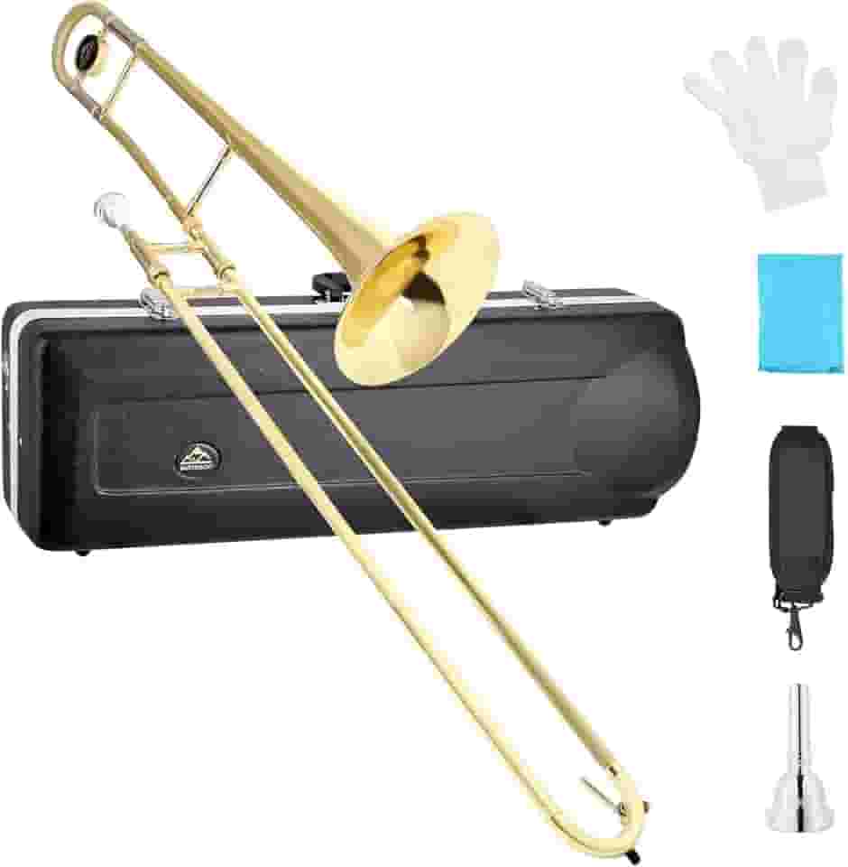 EASTROCK Trombone deslizante tenor Bb, instrumento de trombone plano banhado a latão para estudantes iniciantes com estojo rígido, com bocal, luvas brancas (12,5 mm/200 mm), dourado