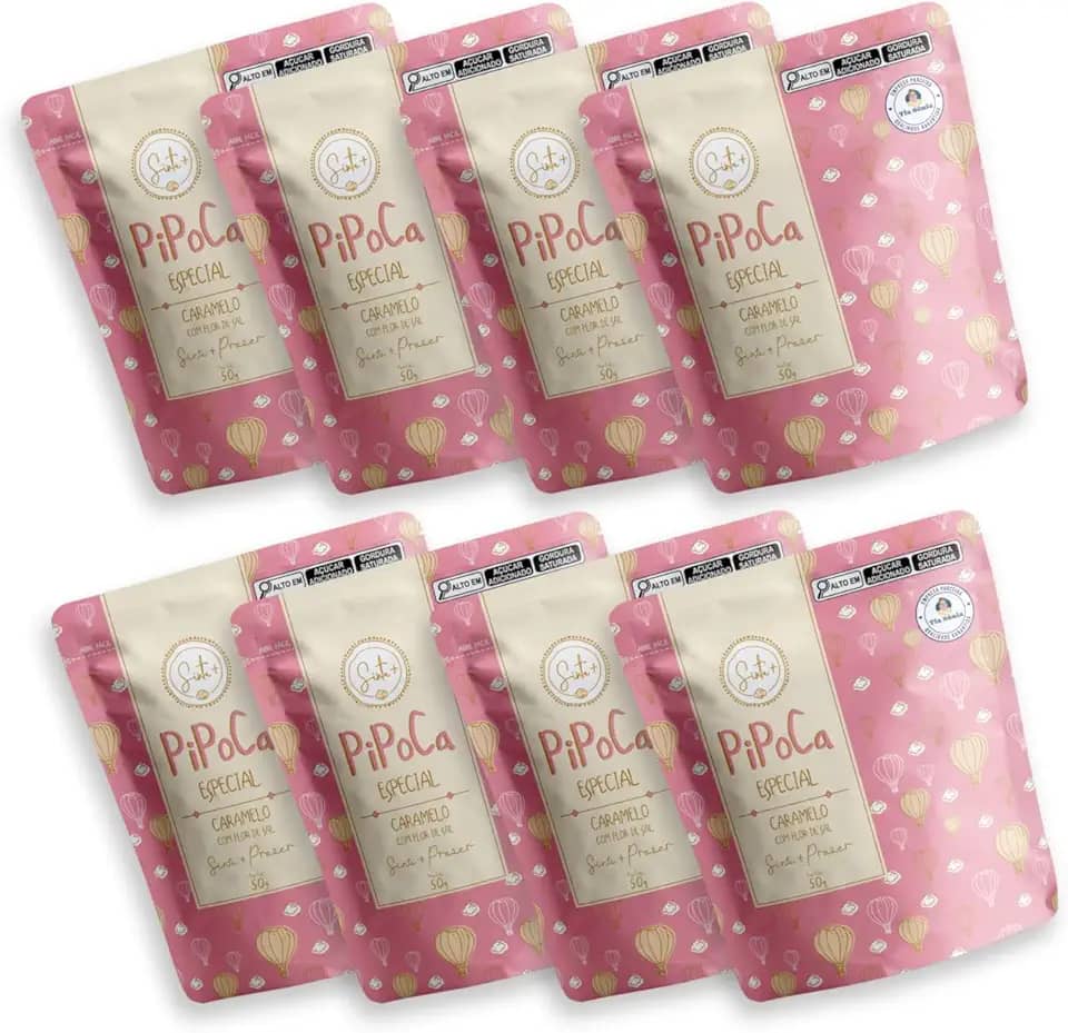 Kit 8 Pipocas Gourmet Sinta+ Caramelo com Flor de Sal 400g – Artesanal, Sem Glúten e Sem Corantes