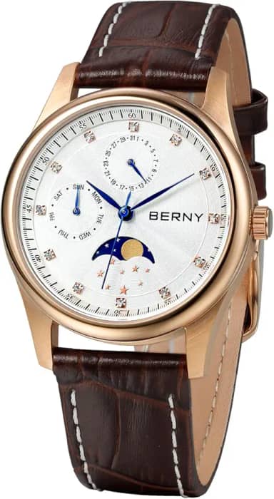 Relógio feminino multifuncional com calendário e fases da lua - caixa de aço inoxidável e pulseira de couro