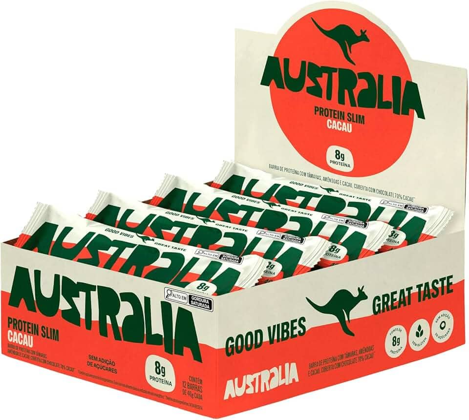 Australia Protein Slim Cacau, Barra de Proteína com 8g de Proteína, Sem Adição de Açúcares, Sem Glúten, Display com 12 unidades