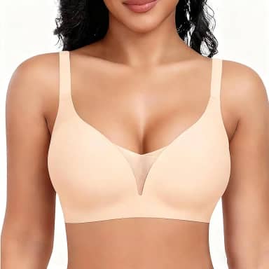 Sutiã feminino sem costura confortável com decote em V sem fio - sutiã push-up sem fio para mulheres, cobertura total, sem costura, Bege claro, G