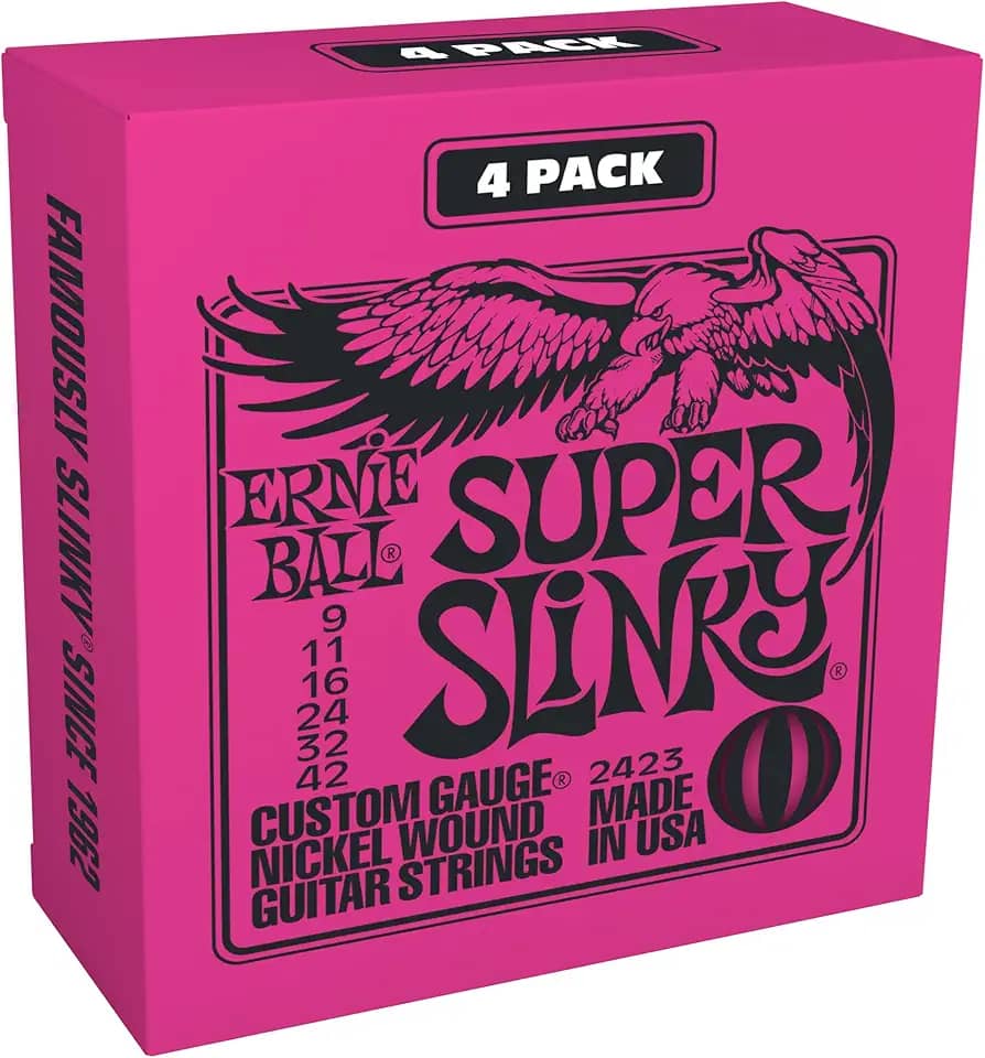 Cordas para guitarra elétrica Ernie Ball Regular Slinky, revestimento de níquel, calibre 9-42, pacote com 4