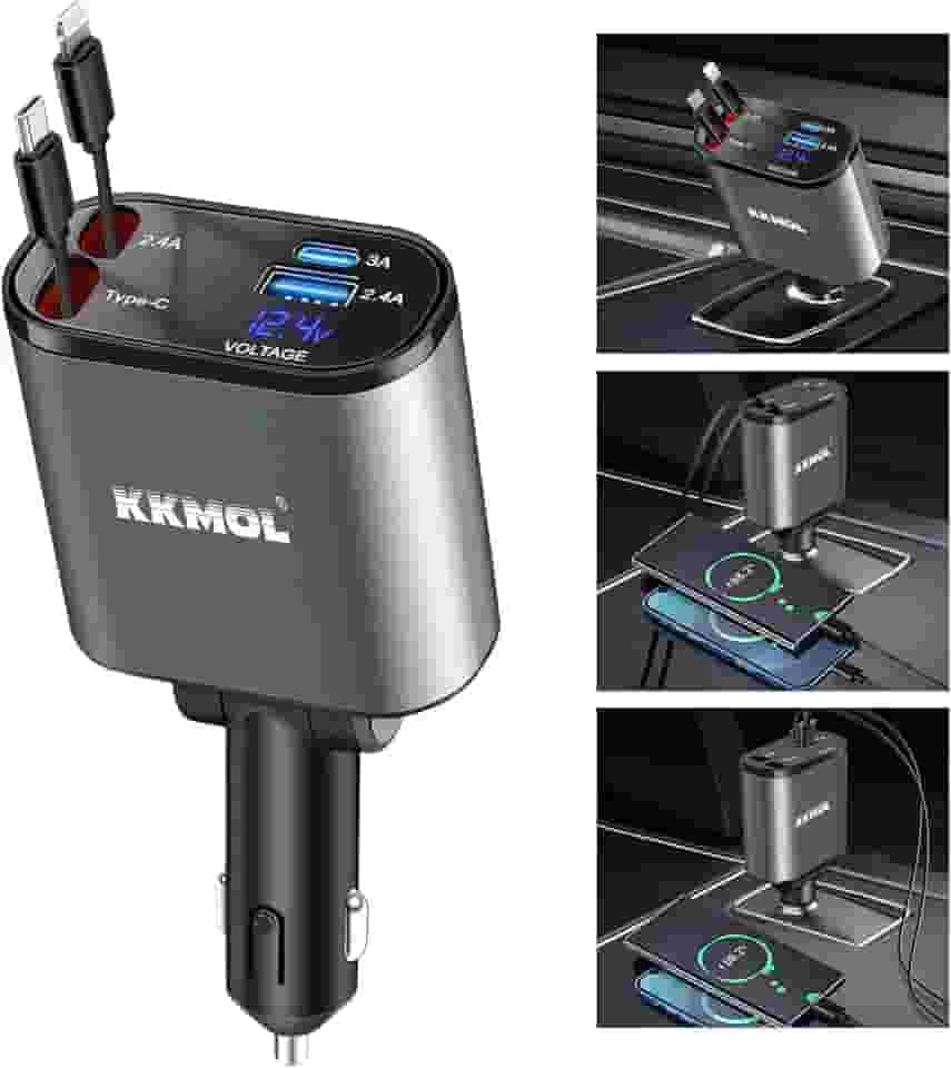 KKMOL Carregador retrátil para carro, 4 em 1, rápido de 100 W, com 2 cabos e tela de tensão de porta tipo C, compatível com iPhone 15Pro Max/14/13/12/11, Galaxy S23/S22