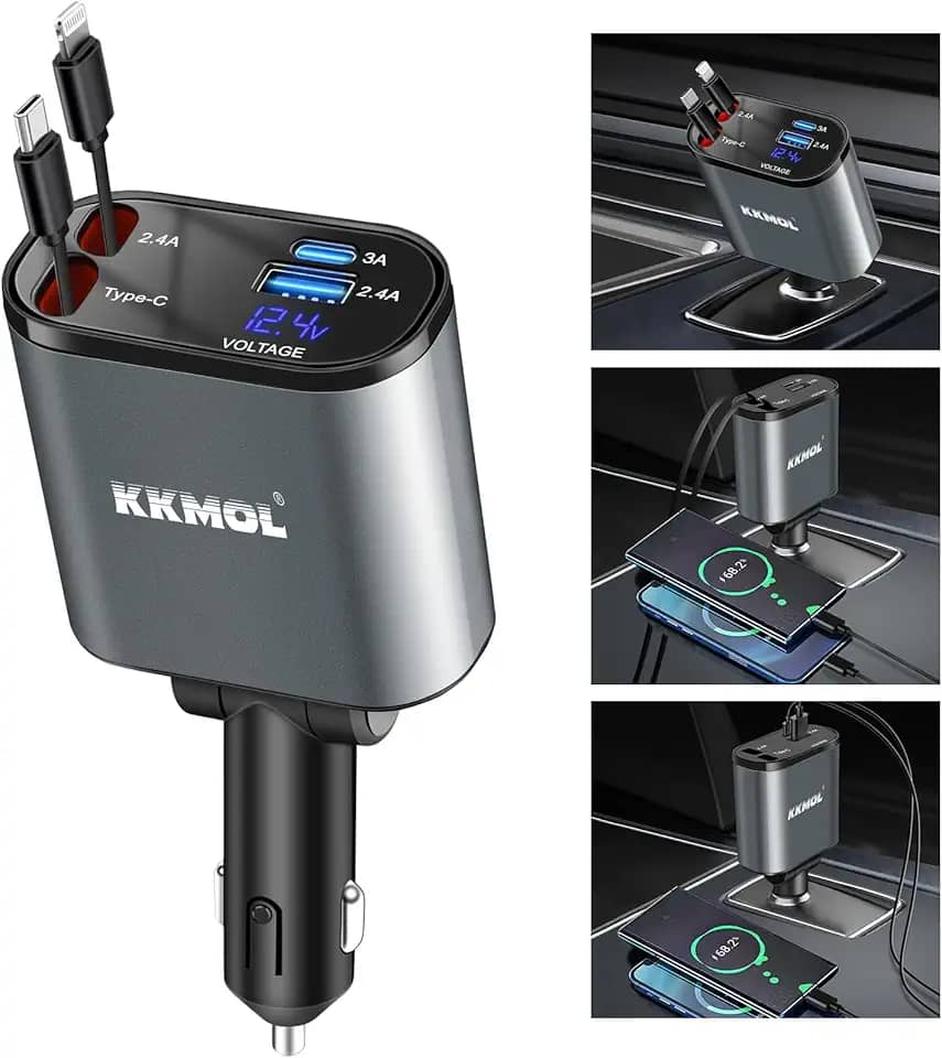 KKMOL Carregador retrátil para carro, 4 em 1, rápido de 100 W, com 2 cabos e tela de tensão de porta tipo C, compatível com iPhone 15Pro Max/14/13/12/11, Galaxy S23/S22