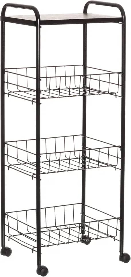 Fruteira de Chão 3 Cestos com Tampo de Madeira e Rodas, Cor Preto, Metaltru