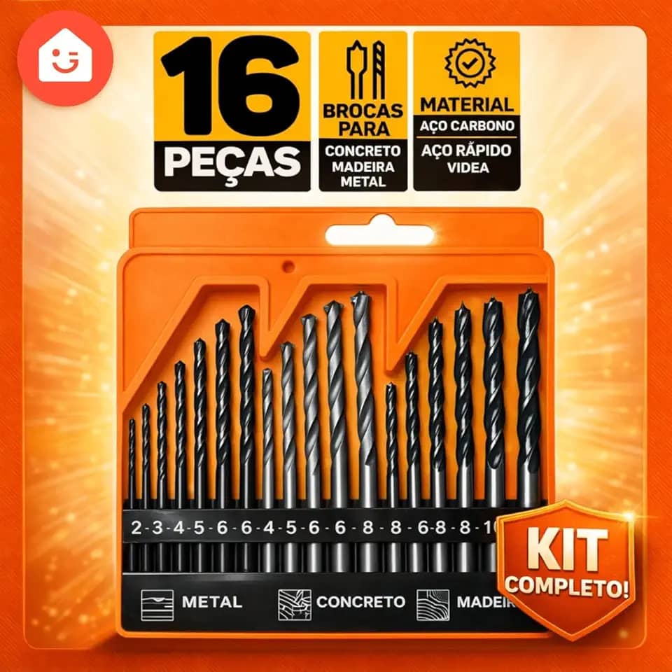 Jogo Broca 16 Peças Estojo Madeira Metal Ferro Concreto