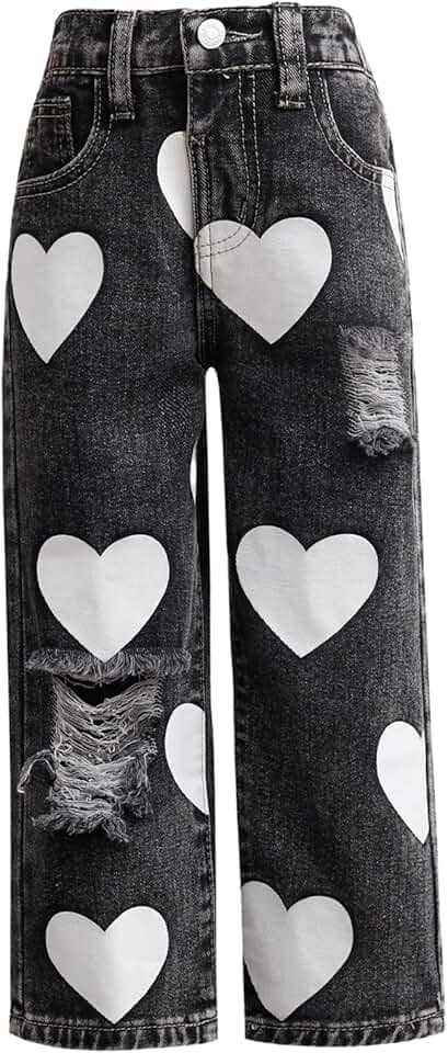 Calça jeans feminina com estampa de coração envelhecida rasgada e perna reta