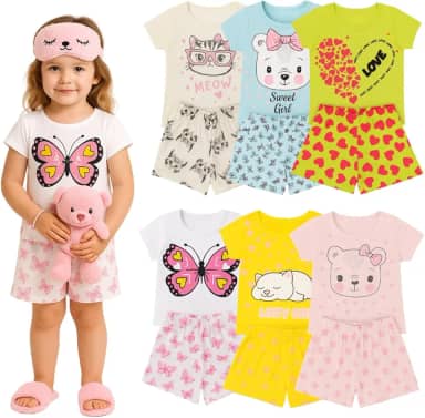 Kit 6 Peças Pijama Infantil Menina Verão Para Dormir 3 Blusas + 3 Shorts 100% Algodão Leve E Confortável Carters