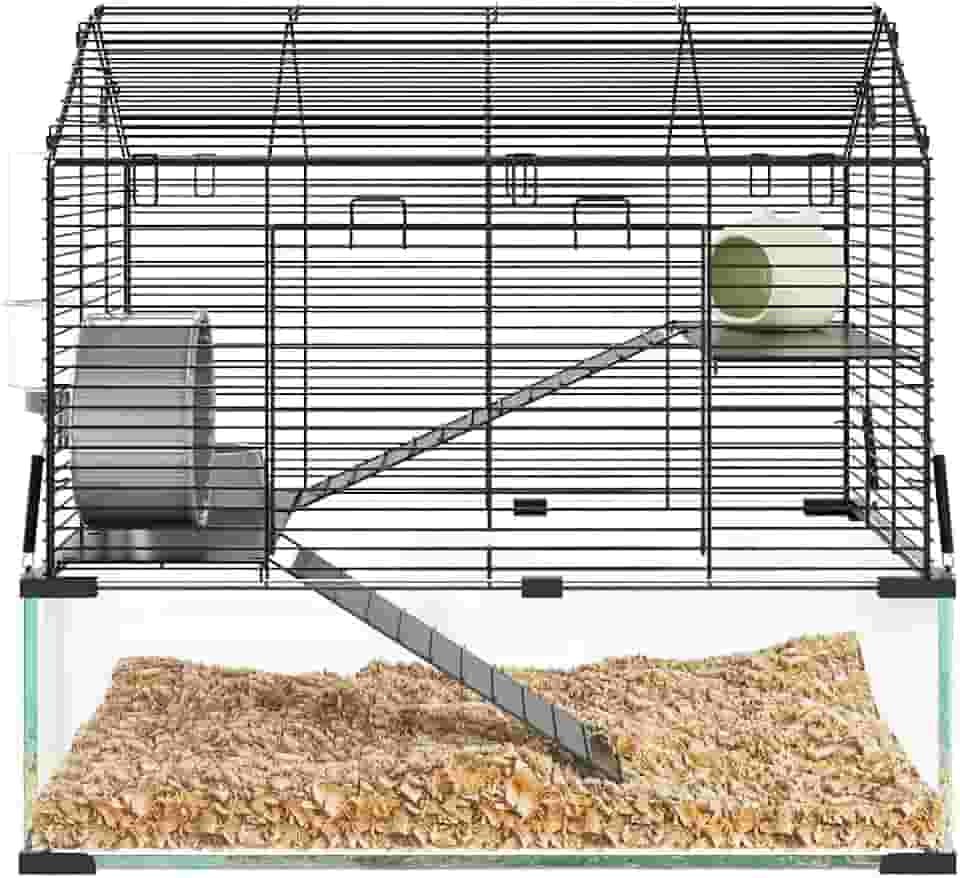 GarveeHome Gaiola grande para hamster, gaiolas de gerbil de 3 camadas com roda de corrida, garrafa de água, tigela de comida, rampas, casa de hamster portátil com fundo de vidro de 18 cm para sírio