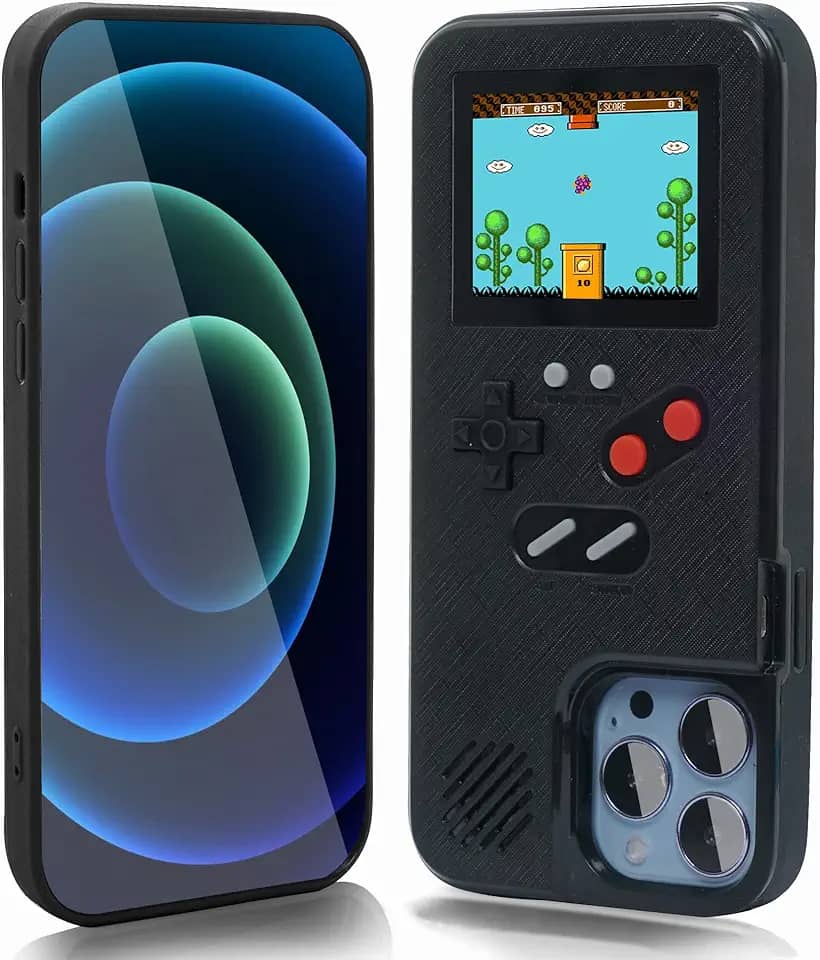WeLohas capa Gameboy para iPhone 13/13 Pro, portátil retro 168 jogos clássicos, capa de jogo com tela de vídeo colorida para iPhone, capa de telefone antiarranhões à prova de choque para iPhone preta