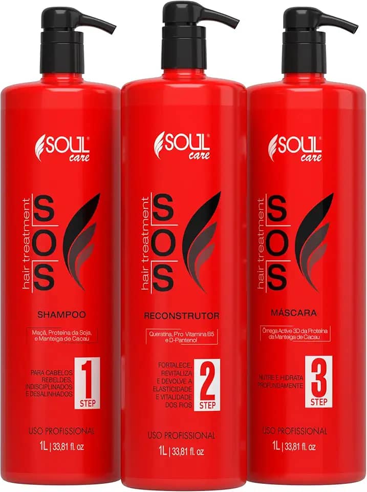 Kit SOS Tratamento Capilar Profissional Reconstrução Cauterização Antiemborrachamento Pós-Química Soul Care - Shampoo, Reconstrutor e Máscara (1l)