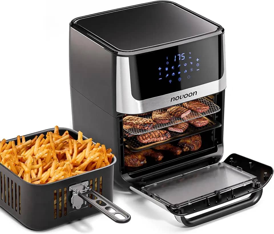 Fritadeira Elétrica Forno Oven Digital Novoon 12L 1700W 4 em 1 - Frita sem Óleo, Assa, Reaquece e Desidrata. Air Fryer 12 Litros Silenciosa Prepara Batata Frita, Frango, Pão de Queijo e Mais 110v