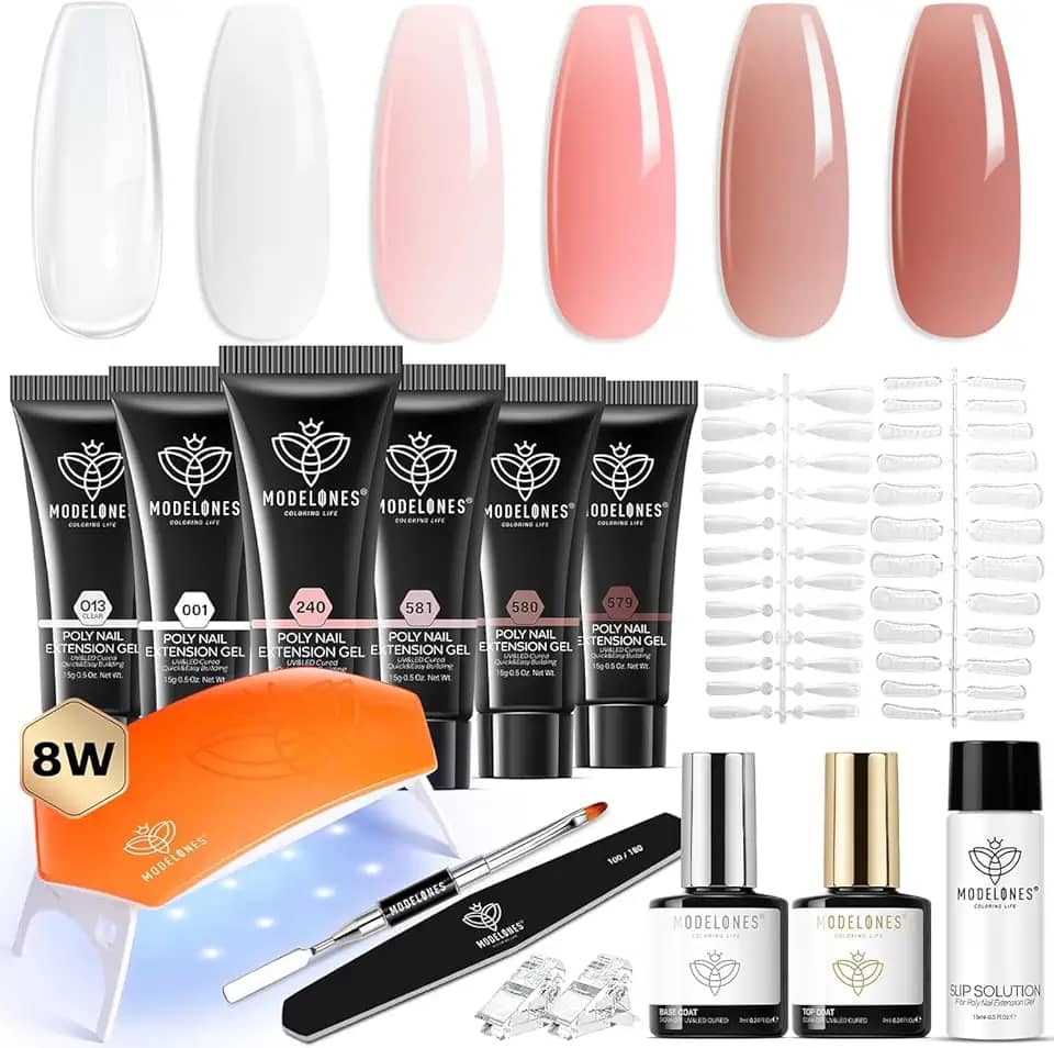 modelones Poly Nail Gel Kit 6 Colors with 8 W Lamp Nail Extension Gel Kit Nude Clear Pink Natural Complete for Beginner Thickening Solutions DIY at Home for Women