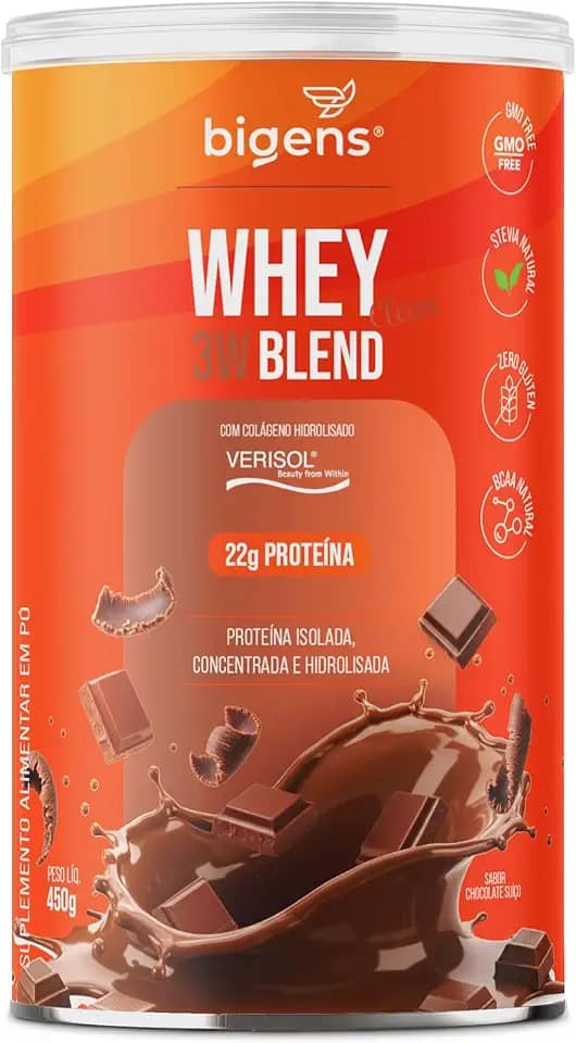 Whey Protein 3W Blend, Isolado, Concentrado e Hidrolisado, com Colágeno VERISOL®, 450g, Sabor Chocolate Suiço, Bigens