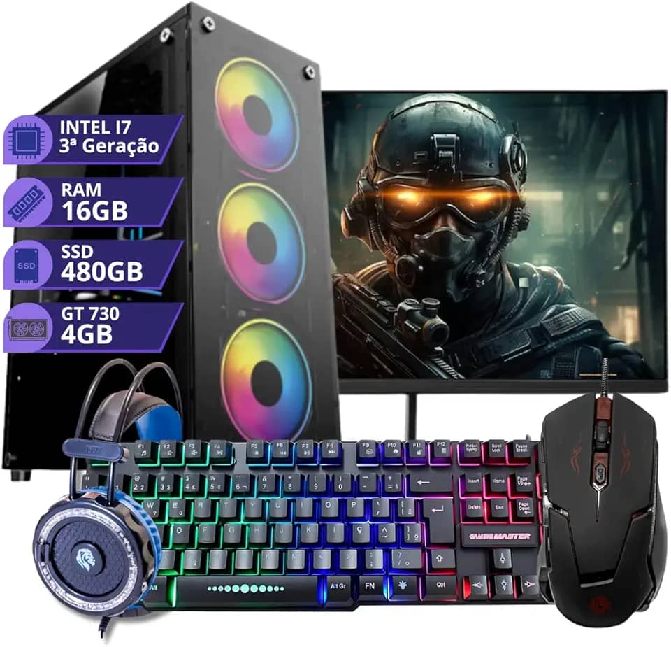 Pc Gamer Computador Intel Core I7 3.4GHz Memoria 16gb Ssd 480gb Placa Video 4gb Monitor 19