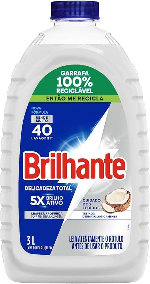 Brilhante Delicadeza Total Lava-Roupas Líquido Roupas Brancas E Coloridas Com Óleo De Coco Natural Galão 3L