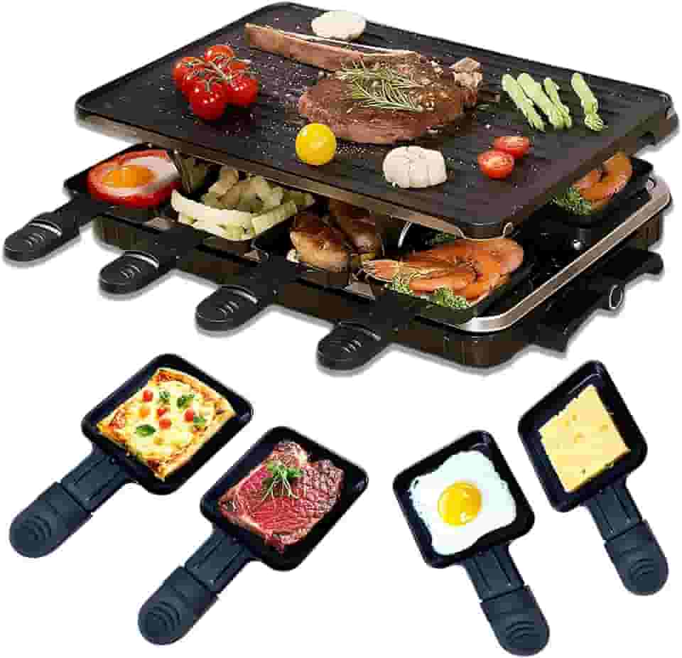 Grelhador de mesa para uso interno, sem fumaça, portátil, Raclette, antiaderente, com 8 formas de queijo, controle de temperatura e lavável na lava-louças, 1300 W, ideal para festas e diversão em