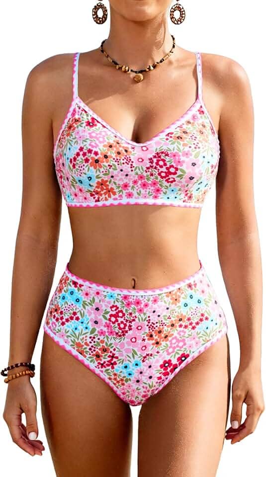 Conjunto de biquíni de cintura alta para mulheres, roupa de banho com controle de barriga, roupa de banho modesta, floral, para adolescentes
