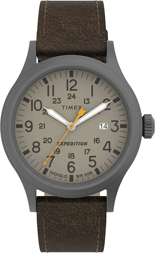 Relógio masculino Expedition Scout de 40 mm – caixa preta e mostrador com pulseira deslizante de couro oliva