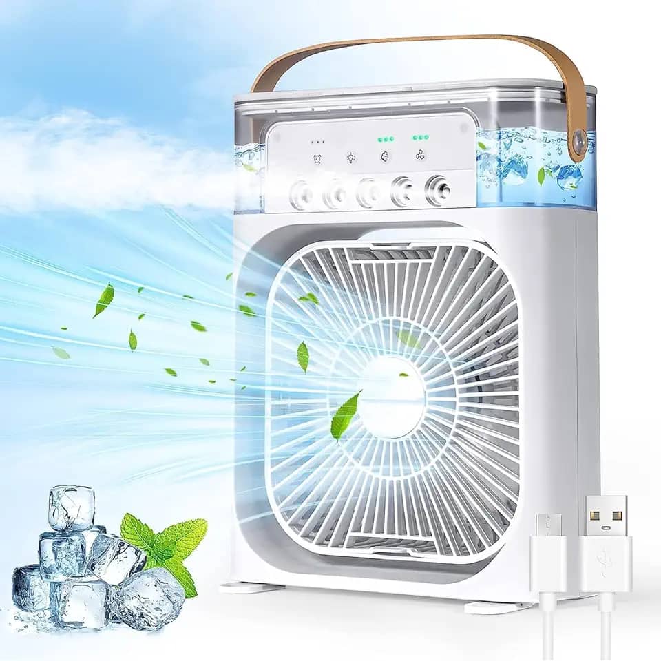 Ventilador de ar condicionado portátil, Mini Ar Condicionado Umidificador Climatizador com tanque de água de 600ml, 3 velocidades de vento e pulverizador de 5 furos com luz LED de 7 cores