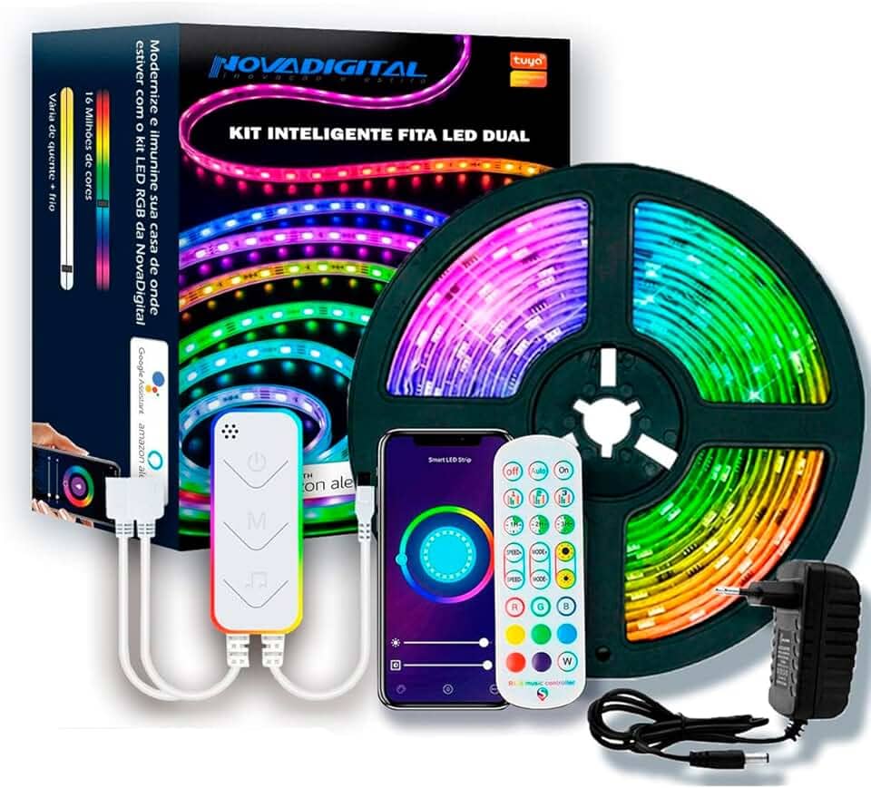 Kit Fita De Led Inteligente RGB Fita Led Com Controle 5m Dual Nova Digital 16 Milhões de Cores Função Music Compatível Alexa e Google Home