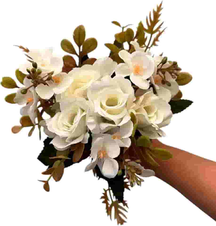 Kit 2 Buquês de Rosas Com Hortênsias Folhagens Artificial Decoração Casa (Branco)