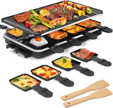 Grelha elétrica interna 2 em 1 + 8 formas de queijo raclette e 2 espátulas de madeira, controle de temperatura ajustável, churrasqueira antiaderente, para família e festa