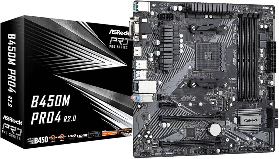 ASROCK Placa mãe B450M PRO4 R2.0 soquete AM4/AMD B450/DDR4/SATA3&USB3.2/M.2/Micro ATX