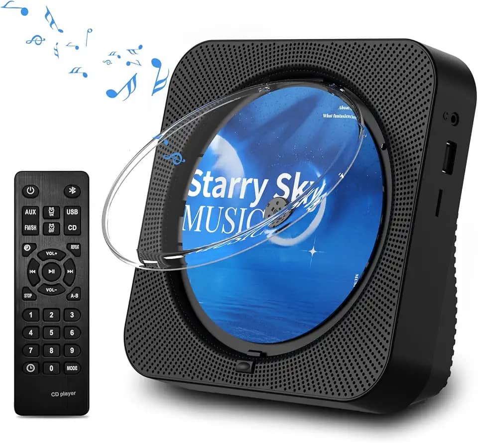 Leitor de CD portátil Bluetooth 5.1 Desktop CD Player com alto-falantes de som HiFi, controle remoto, capa contra poeira, display LED, rádio FM Boombox, USB/AUX para casa, crianças (preto)