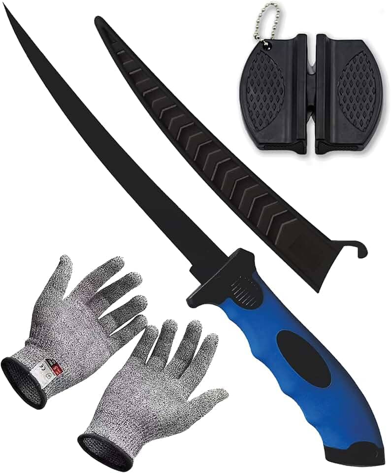 Faca de filete de peixe, conjunto profissional de facas de filete de pesca de 17 cm, lâmina de aço inoxidável com revestimento resistente à corrosão, com afiador e luvas resistentes a corte, para