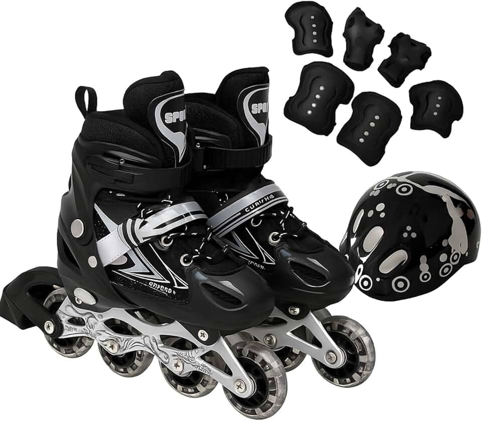 Patins Roller Inline 4 Rodas Skates Ajustavél com Roda Iluminada Jovens e Adultos, Para iniciantes, Uso Interno e Externo + Kit Completo com Capacete e Proteções