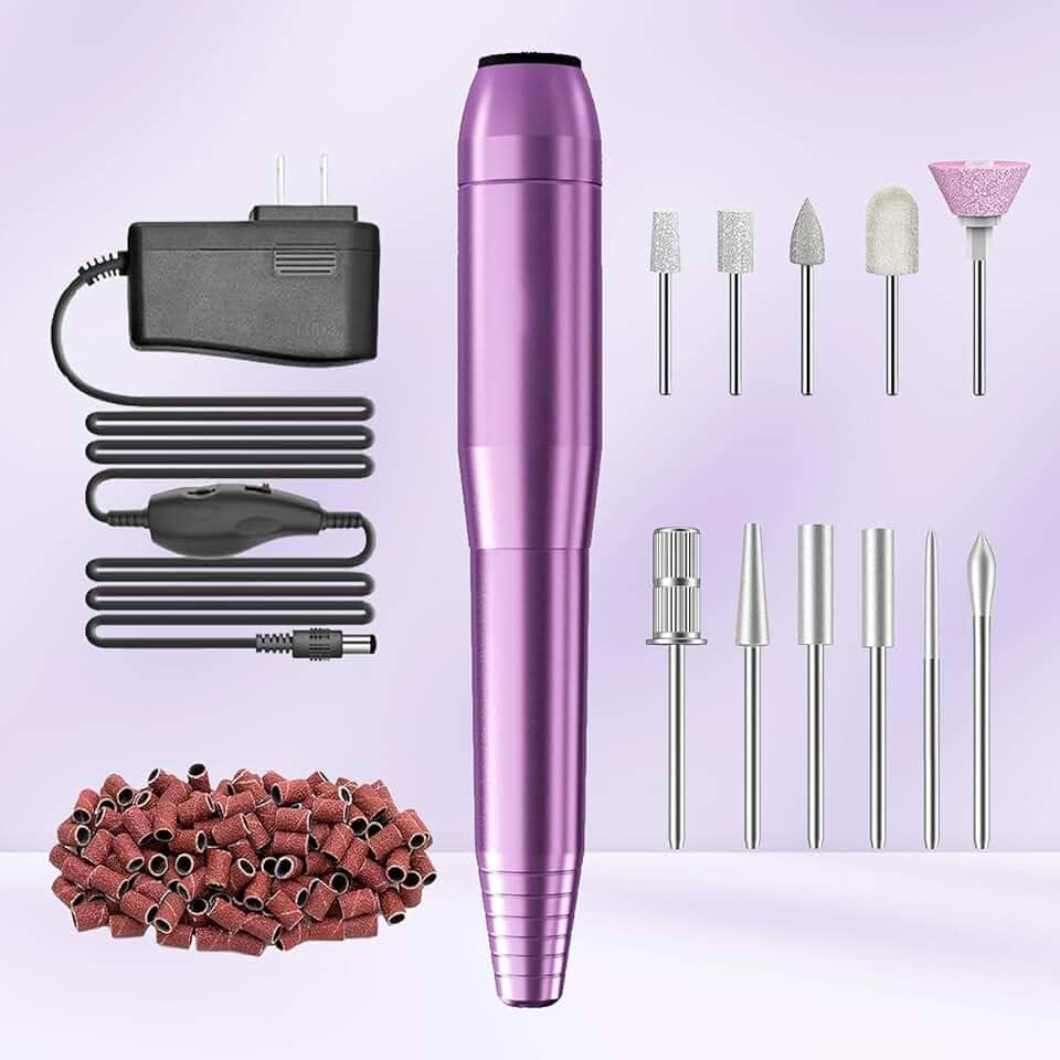 Máquina de perfuração de unhas móvel USB Home Lite para iniciantes – Kit de lixa de unha portátil com 6 brocas e 50 faixas de lixamento para polimento doméstico de acrílico e gel, uso DIY, roxo