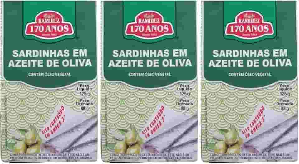 Sardinha em Lata Portuguesa em 100% em Azeite de Oliva Extravirgem 125g - RAMIREZ - Rico em Ômega 3 - Tampa Abre Fácil - Tradição desde 1853-3 Unidades.