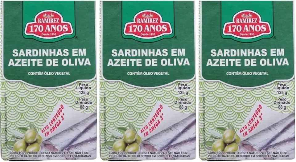 Sardinha em Lata Portuguesa - 100% em Azeite de Oliva - 125g - RAMIREZ - Tampa Abre Fácil - 3 Unidades.