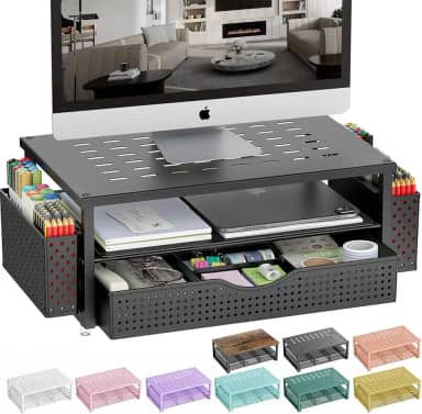 gianotter Suporte para monitor de computador de mesa com gaveta e 2 porta-canetas, acessórios de mesa e organizadores de mesa, organizador de mesa para material de escritório (preto)