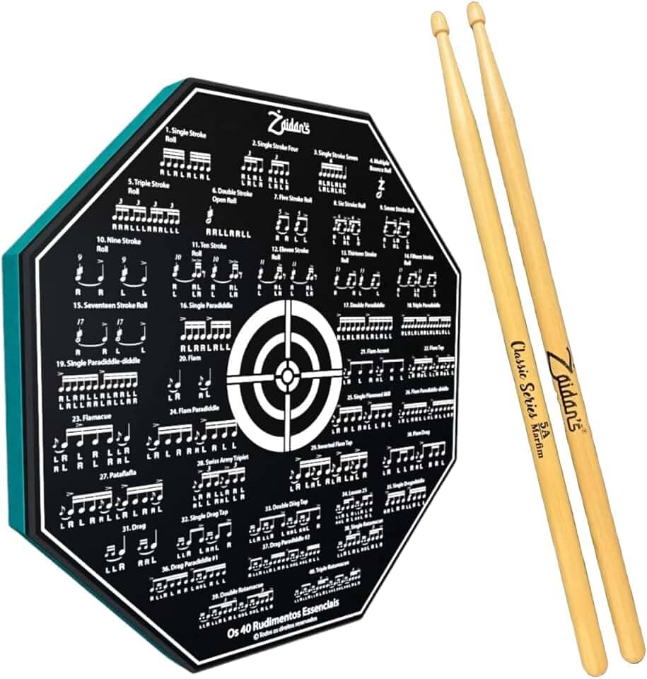 Kit Pad Estudo Bateria Praticável 8 Polegadas Ou 20cm Rudimentos Essenciais + Par de Baquetas Classic Series Zaidan's By Spanking (5A)