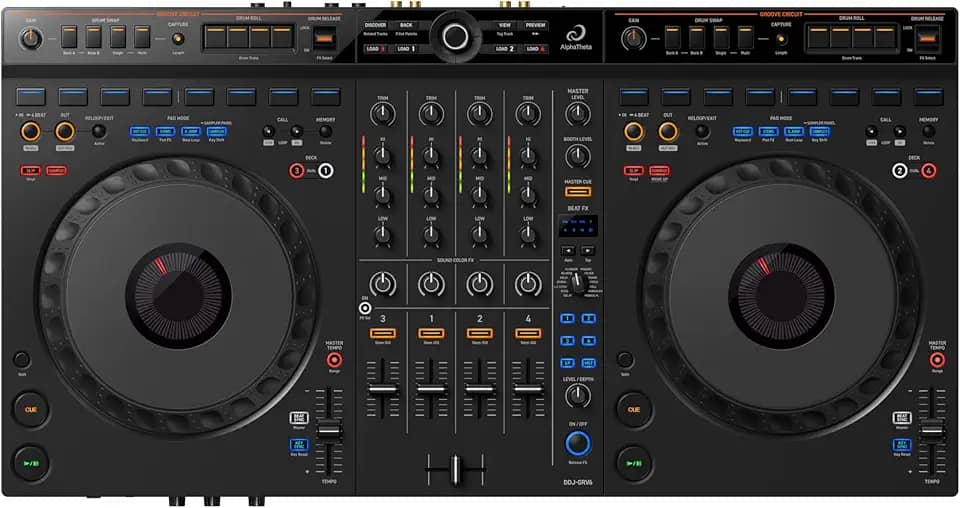 Controlador de DJ Pioneer DJ AlphaTheta DDJ-GRV6 com desempenho de 4 canais