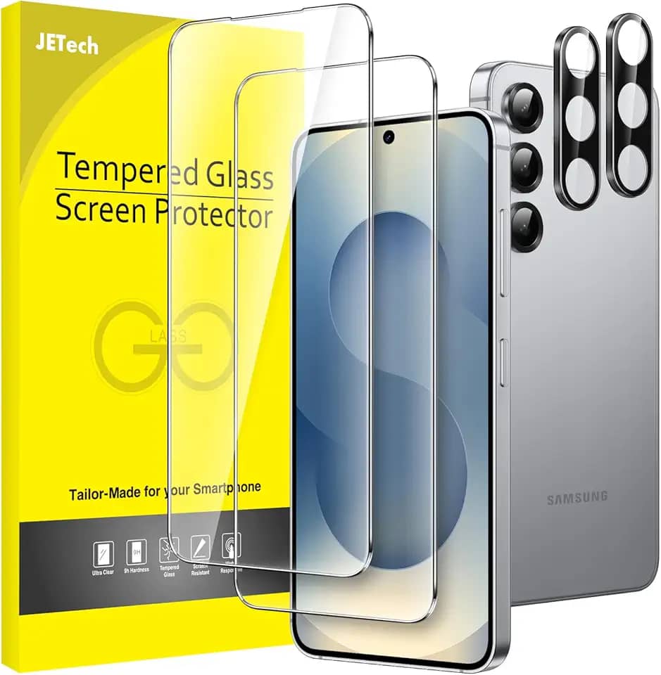 JETech Protetor de Tela para Samsung Galaxy S25 5G com Protetor de Lente de Câmera, Filme de Vidro Temperado, Compatível com ID de Impressão Digital, HD Transparente, 2 Pacotes Cada