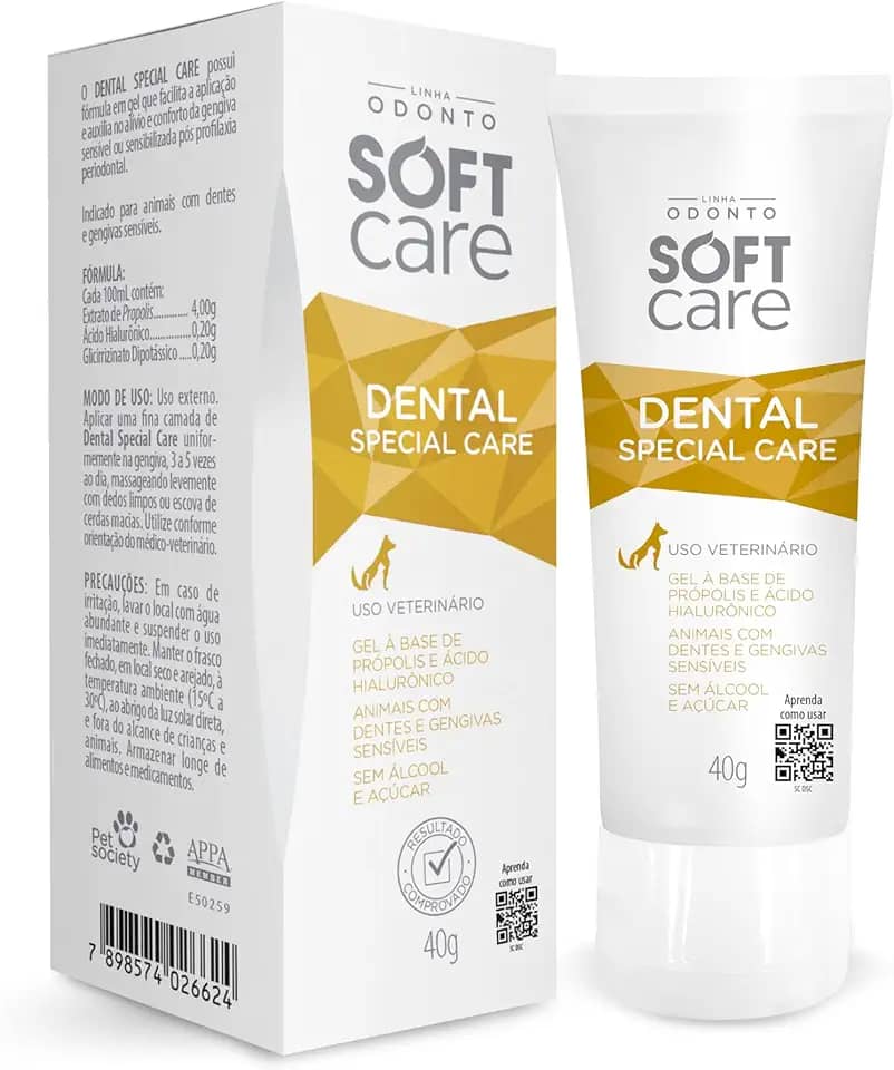 Dental Special Care 40g - Soft Care Linha Odonto By Pet Society - Gel dental à base de própolis para acalmar as gengivas e dentes sensíveis - para cães e gatos idosos ou após limpeza dentária