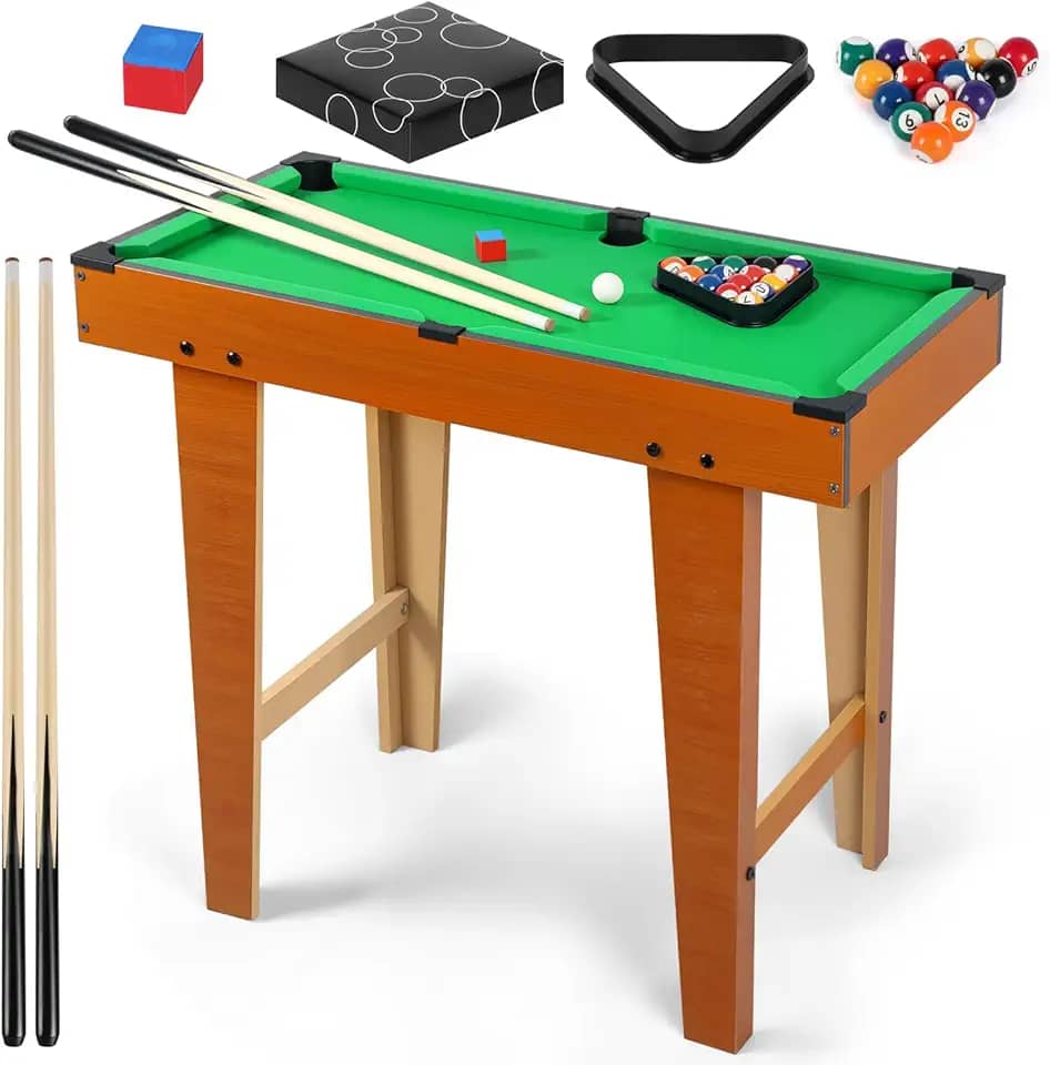 Mini Conjunto de Mesa de Sinuca, Mesa de Bilhar Sinuca com Pernas, Conjunto de Mesa de Bilhar com 2 Tacos e Conjunto de Bolas