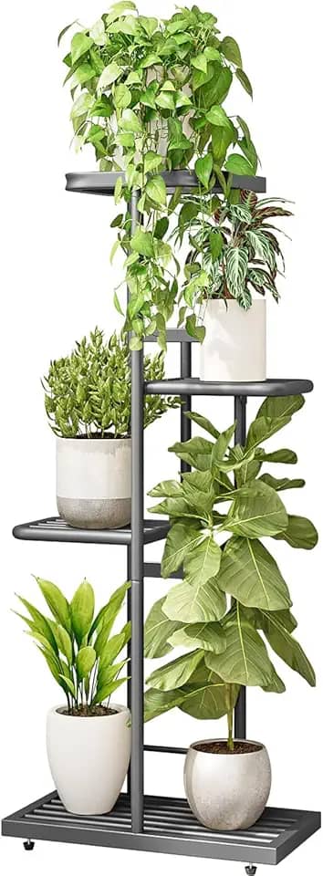 LINZINAR Suporte para plantas de metal 4 níveis 5 vaso de vaso de flores múltipla prateleira interior exterior plantador display estante para pátio jardim canto varanda sala de estar (4 camadas 5 vasos, cinza escuro)
