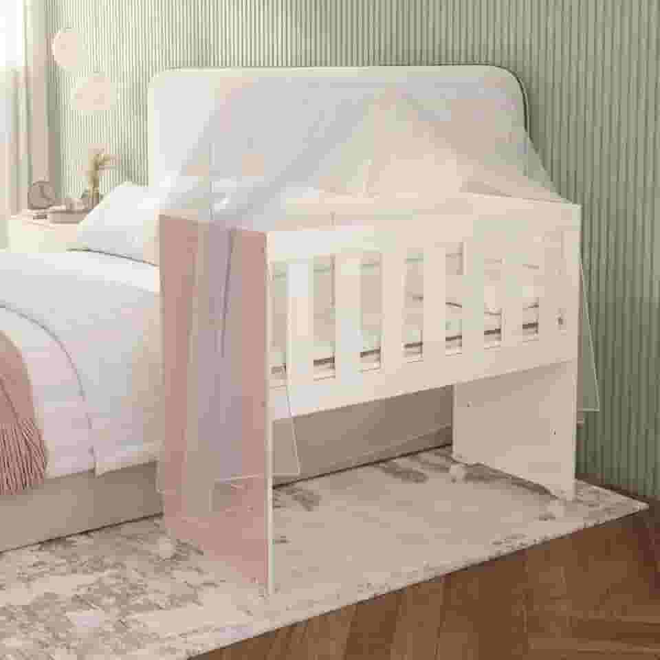 Mini Berço Branco E Rosa Com Colchão E Suporte Para Mosquiteiro Multifuncional 5x1 Rodízios Chiqueirinho