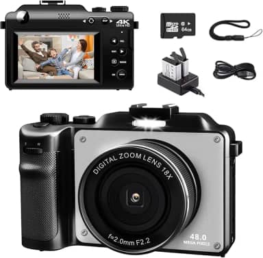 Câmera Digital 4K para Fotografia, Câmera Vlogging de 48 MP para YouTube, cartão TF de 64 GB, tela LCD de 3', antirvibração, zoom digital de 18x, câmeras digitais compactas para viagens/adolescentes