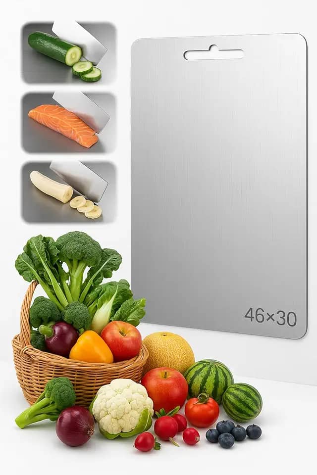 Tábua de Corte de Titânio para Cozinha Aço Inoxidável e PP, Superfície Higiênica para Carnes, Frutas e Vegetais, Afiador Integrado, Canaletas Antirrespingo, Base Antiderrapante Tábua Inox de Cortar