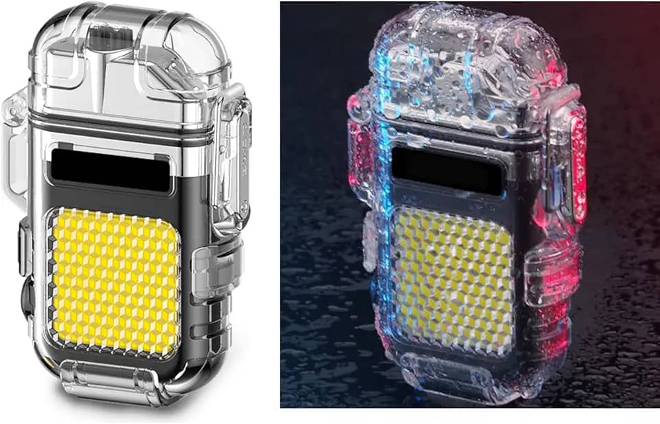 Isqueiro 3 em 1, à prova d'água, recarregável, multifuncional, arco duplo, isqueiros elétricos à prova de vento de plasma para atividades ao ar livre, acampamento, caminhada