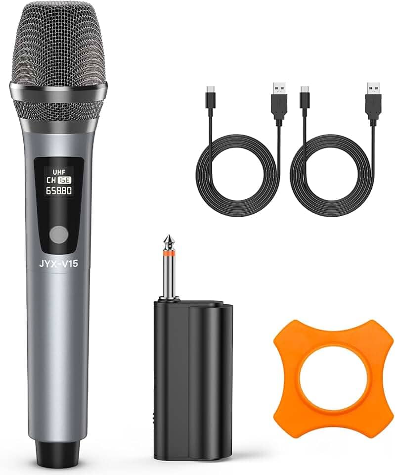 JYX Microfone Sem Fio Dinâmico Recarregável com Receptor Plug 1/4'' (6.35mm) – PartyBox Wireless Mic para Amplificador, Sistema PA, Karaokê, Casamentos, Festas e Discursos
